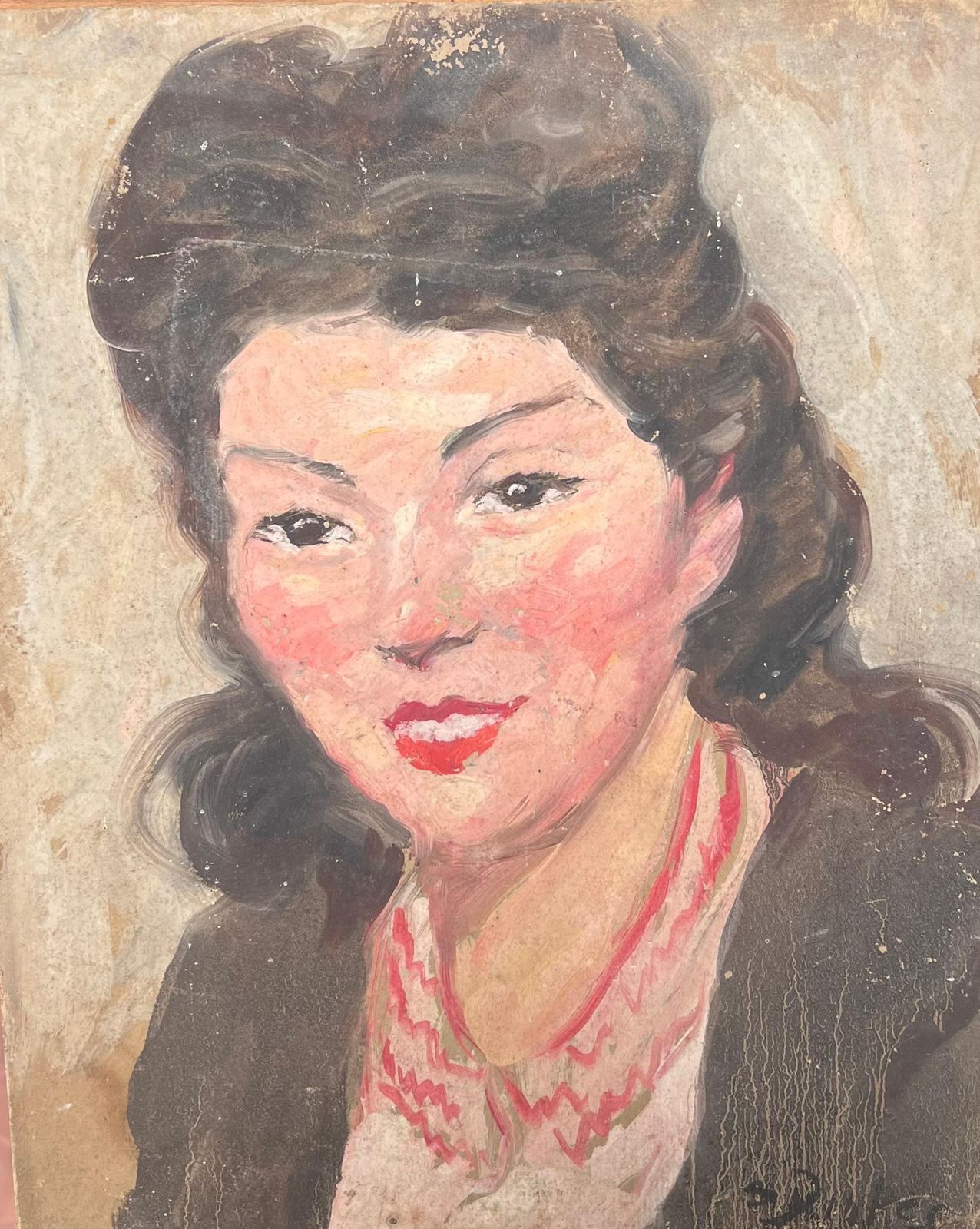 Suzanne Dinkesmid Century French Impressionist Signed Oil Portrait Woman In Red Necklace1950's