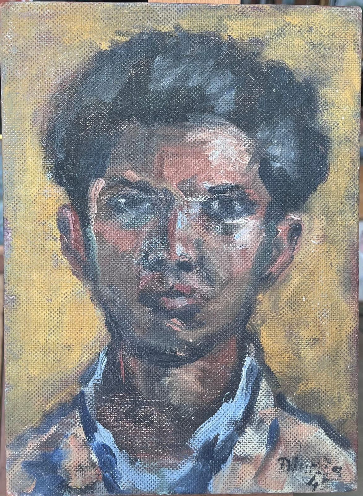 Suzanne Dinkesmid Century French Impressionist Signed Oil Head & Shoulders Portrait Of Man1950's photo furniture