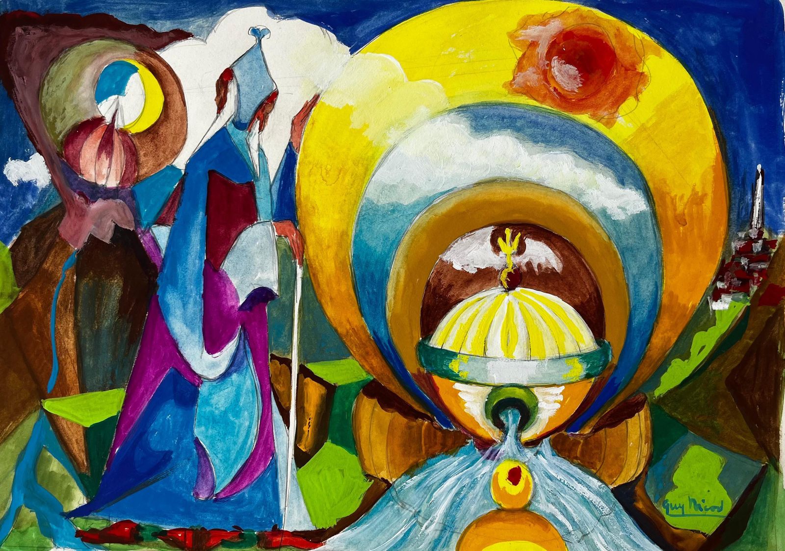 Guy Nicodsurreal Abstract Landscape With Golden Sun And Blue Figure French Gouache