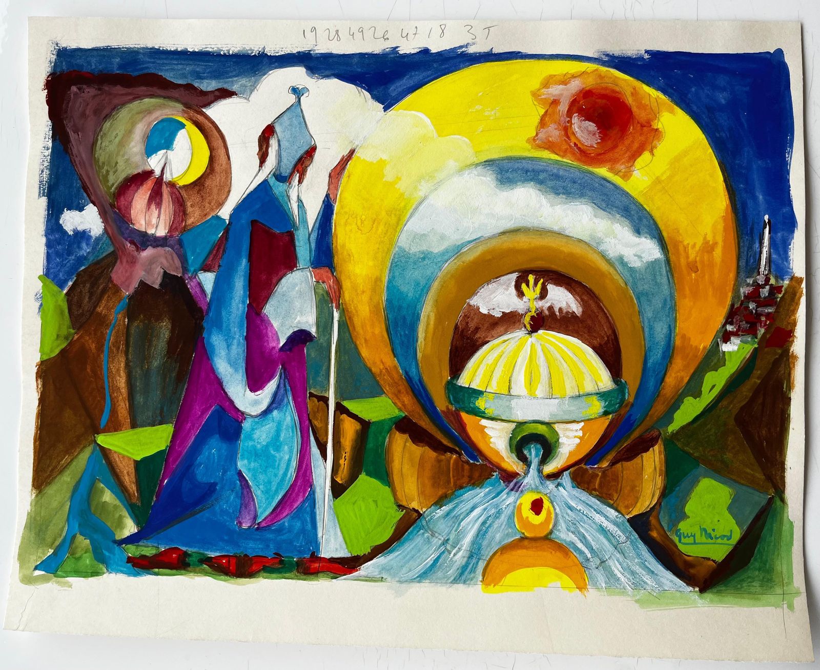 Guy Nicodsurreal Abstract Landscape With Golden Sun And Blue Figure French Gouache photo furniture