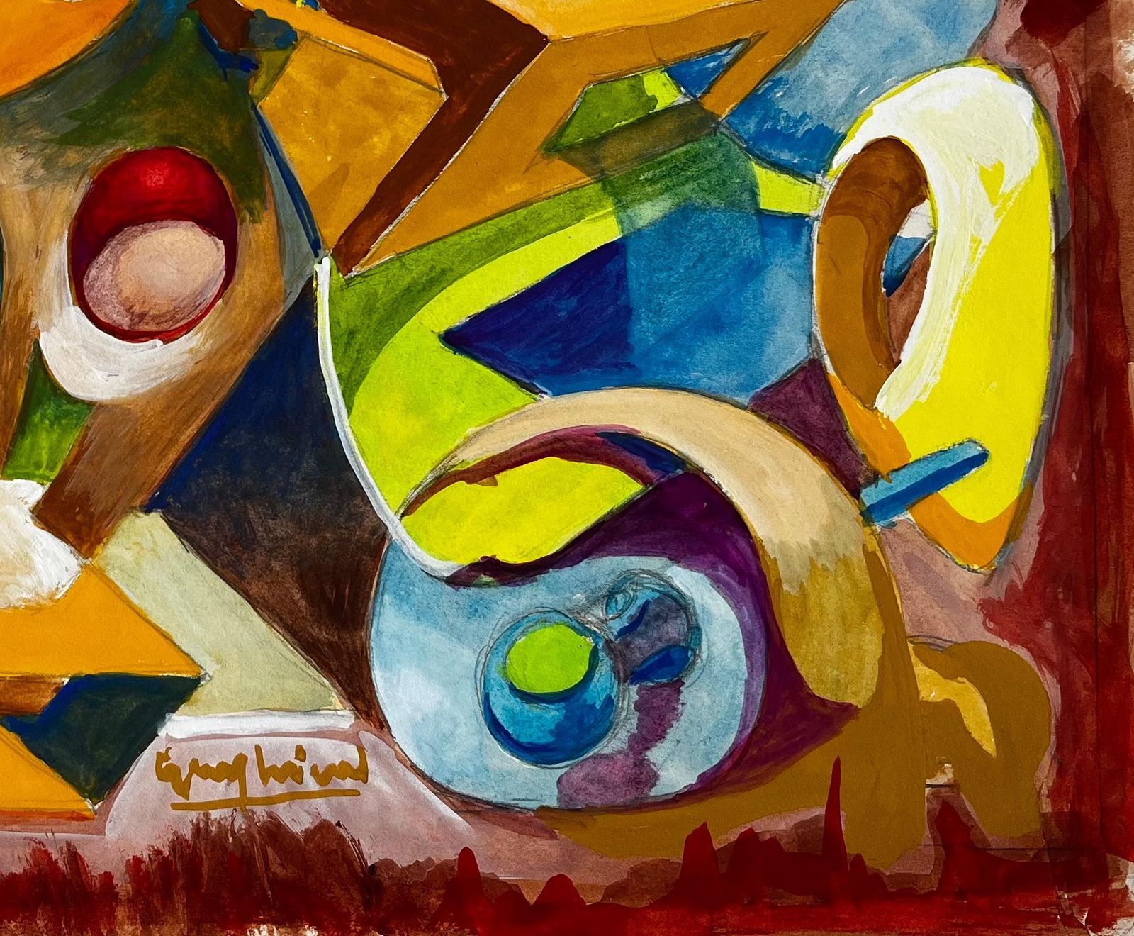 Guy Nicodabstract Cubist Still Life With Blue Vase And Yellow Forms French Gouache photo for sale