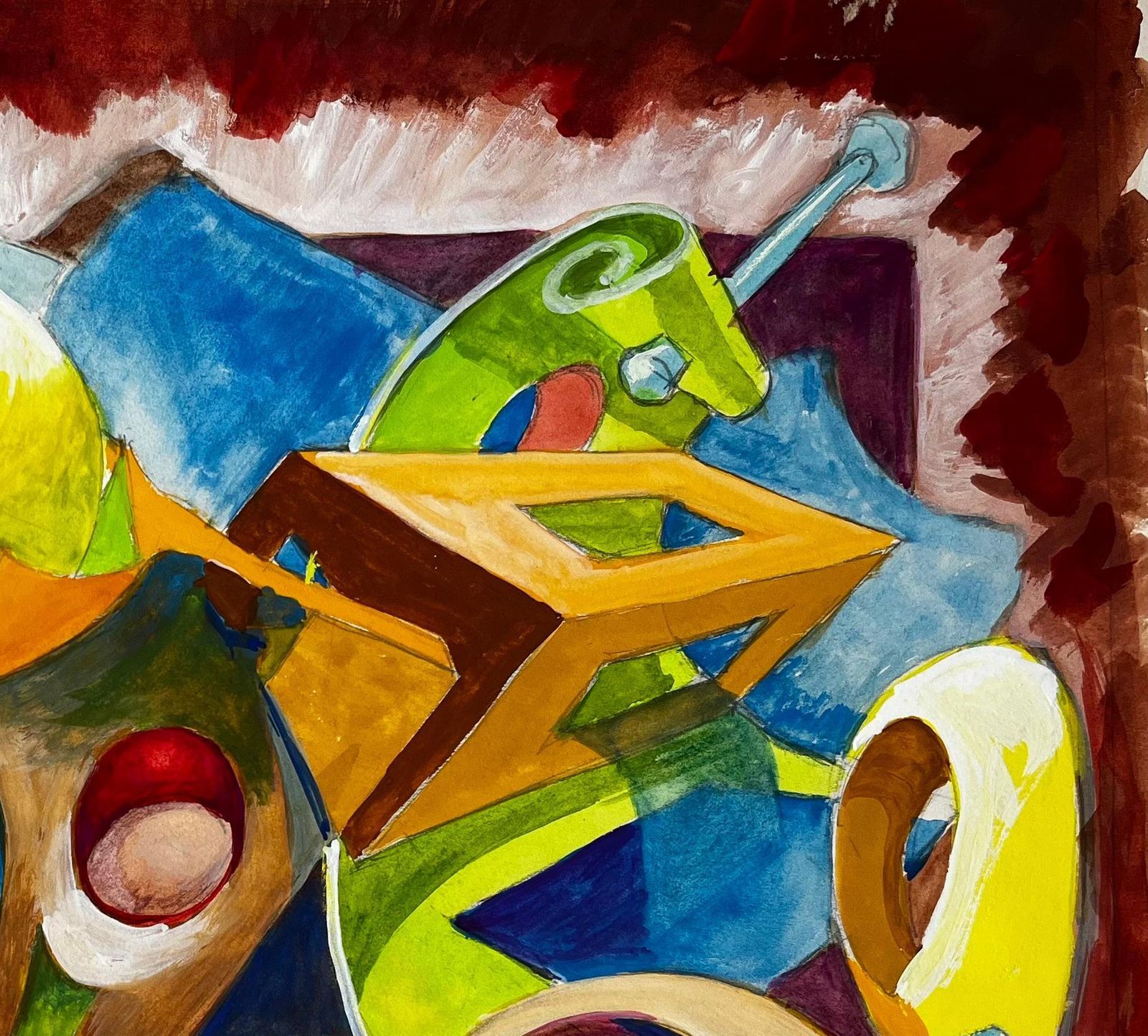 Guy Nicodabstract Cubist Still Life With Blue Vase And Yellow Forms French Gouache photo Art