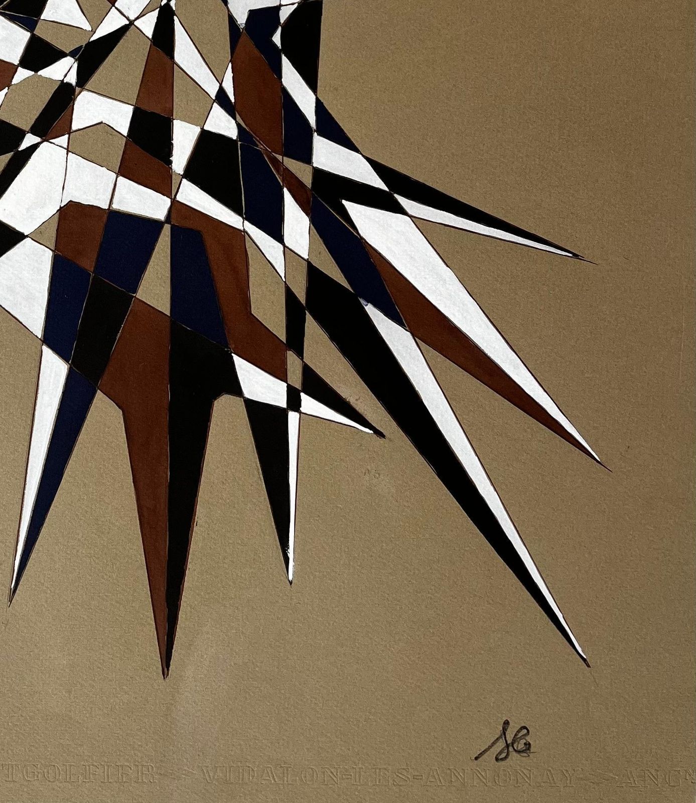 Serge Guerin (1916)mid Century French Geometric Abstract Starburst In Brown Blue And White photo 693.0