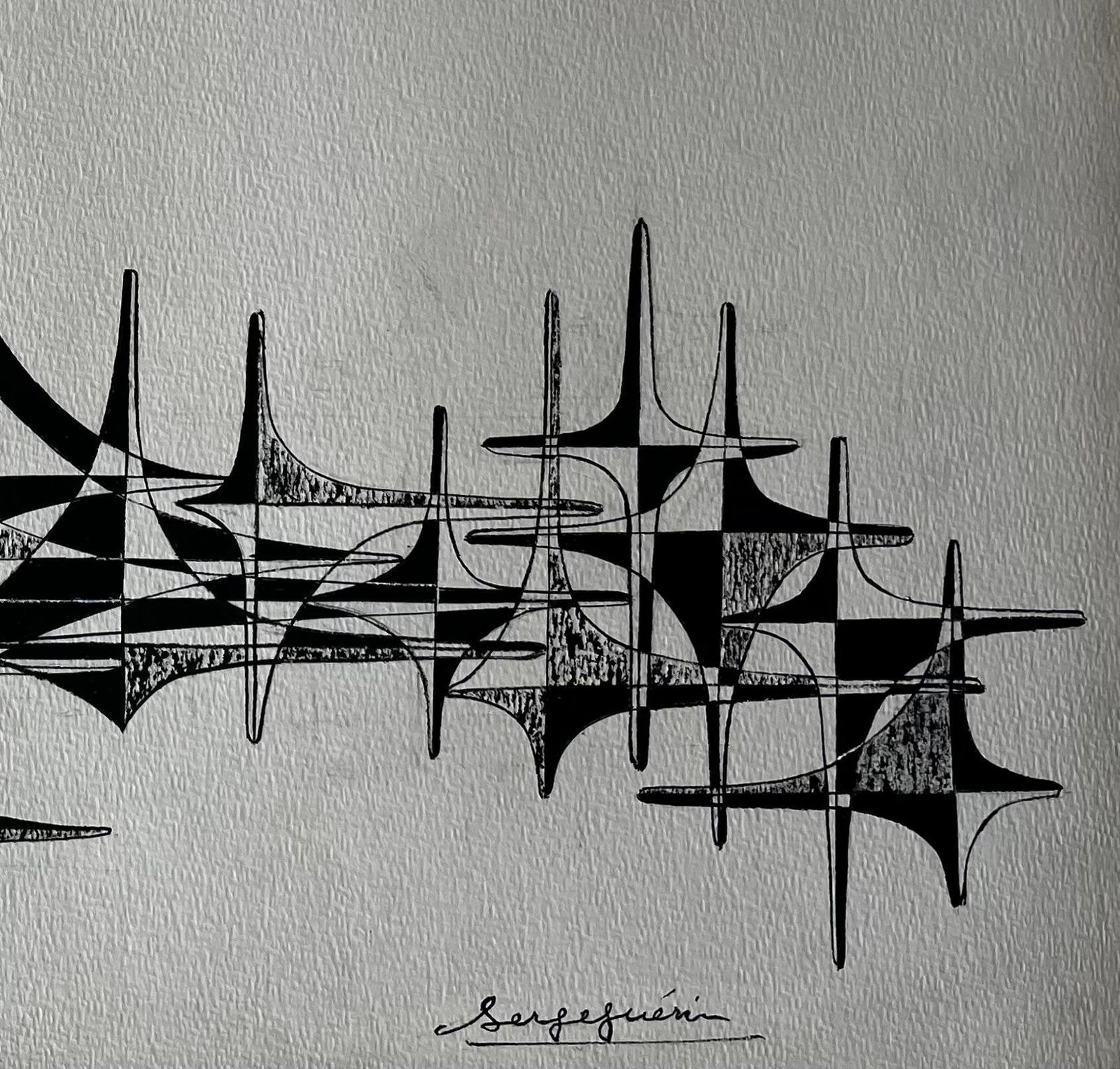 Serge Guerin (1916)mid Century French Architectural Abstract Ink Drawing Signed Serge Guerin photo vinterior