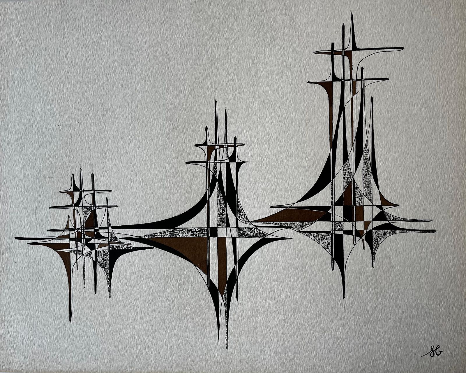 Serge Guerin (1916)mid Century French Geometric Abstract Black And Brown Ink Drawing On Paper