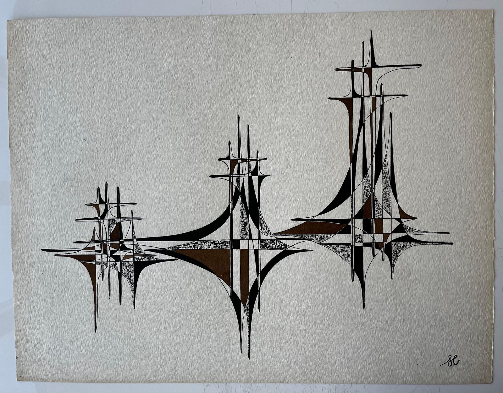 Serge Guerin (1916)mid Century French Geometric Abstract Black And Brown Ink Drawing On Paper photo furniture