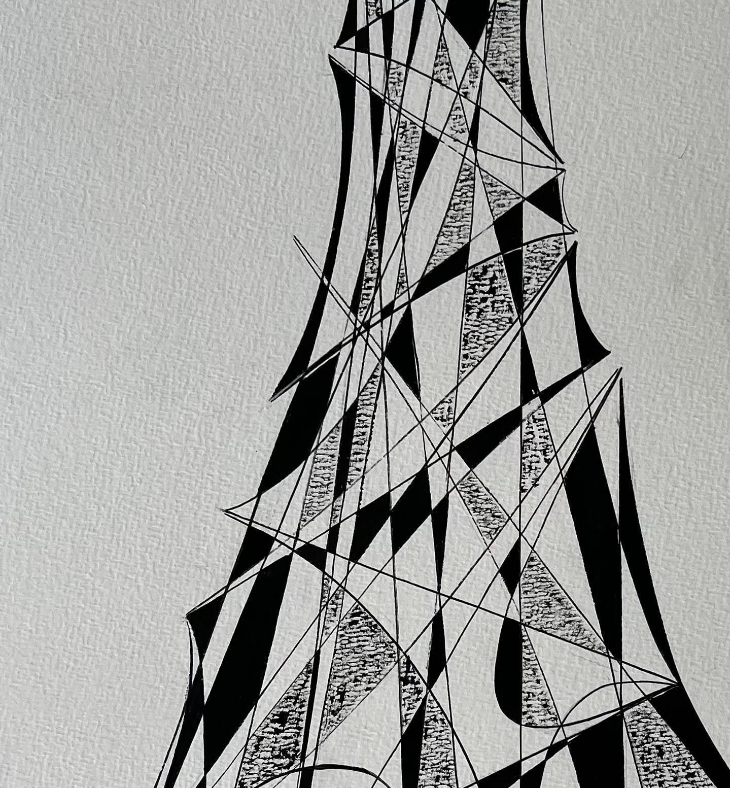Serge Guerin (1916)mid Century French Architectural Abstract Ink Drawing Tower Form Signed Sg photo vinterior