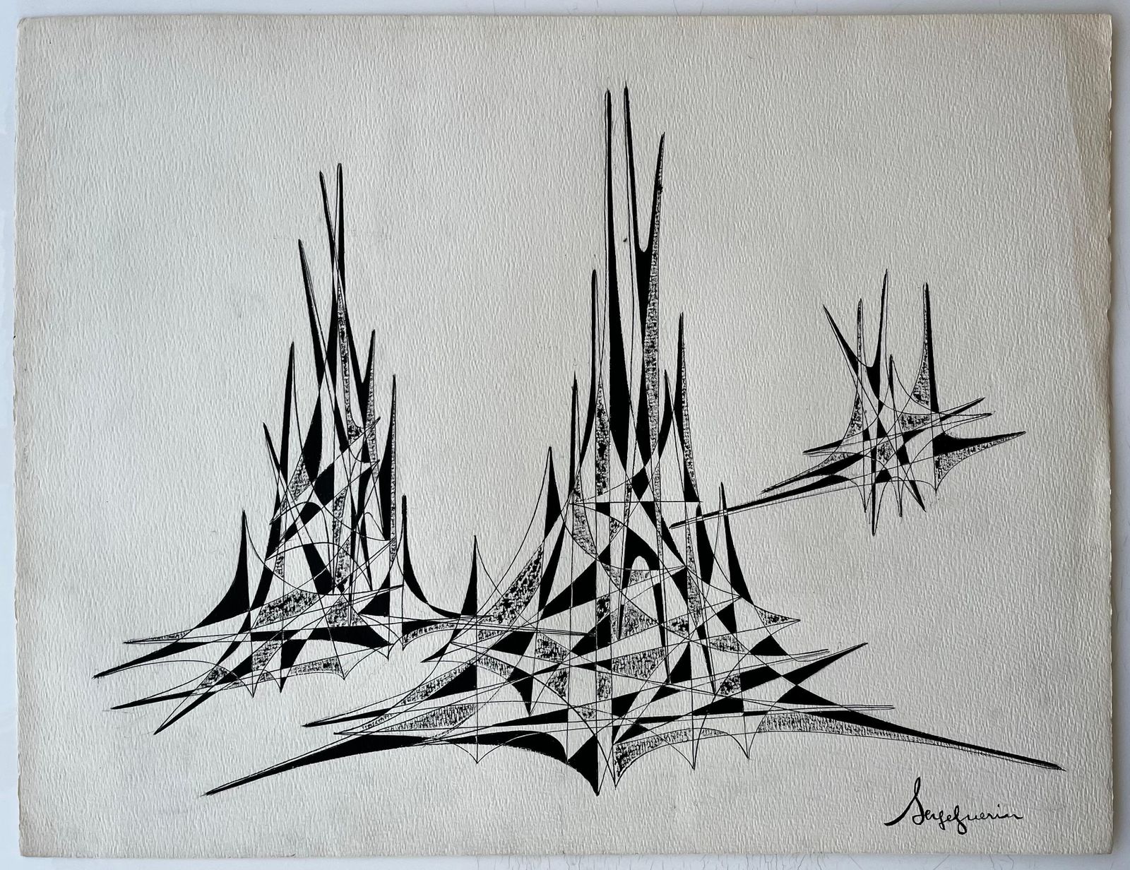Serge Guerin (1916)mid Century French Abstract Architectural Ink Drawing Signed Serge Guerin photo furniture