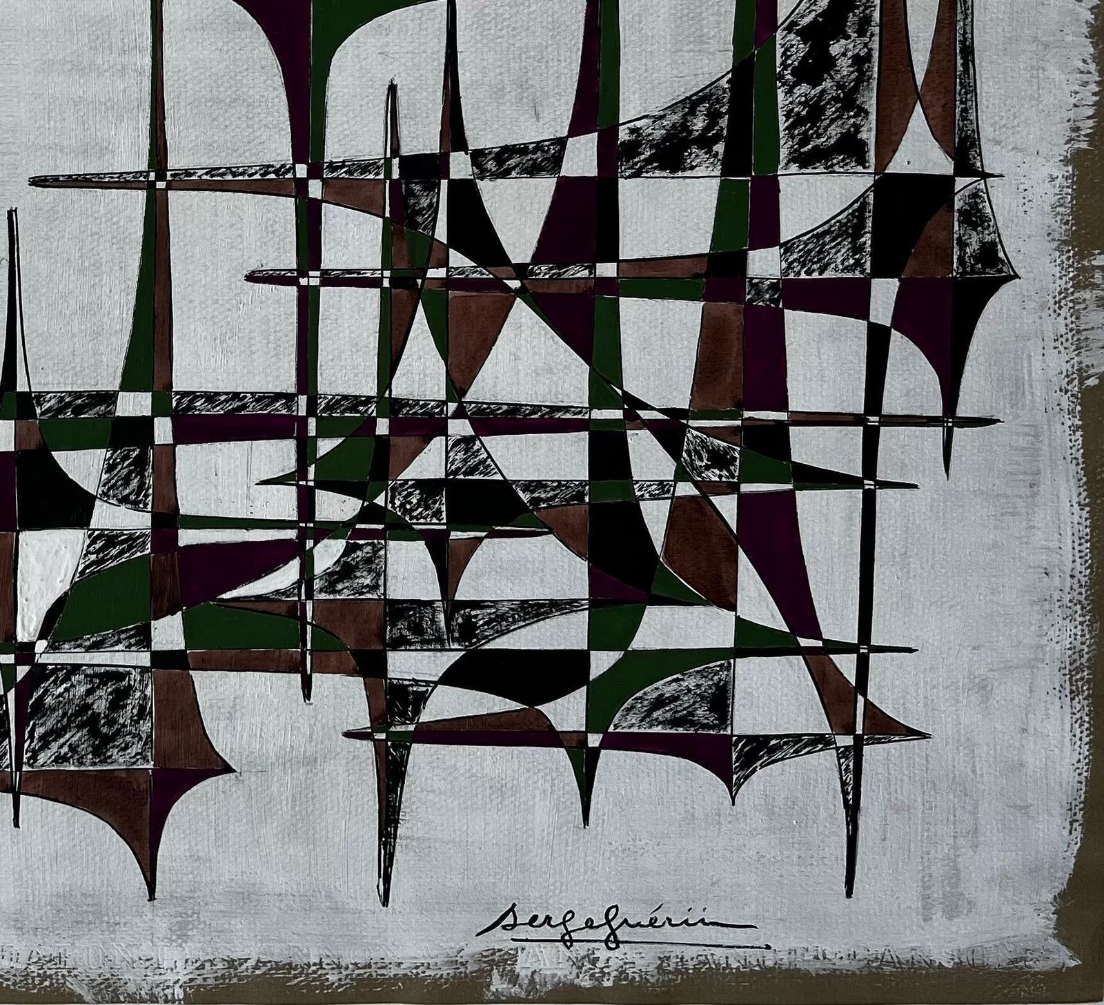 Serge Guerin (1916)mid Century French Geometric Abstract In Green Brown And Purple photo for sale