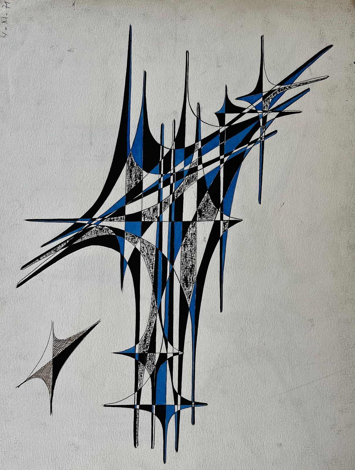 Serge Guerin (1916)mid Century French Geometric Abstract In Blue And Black Ink On Paper