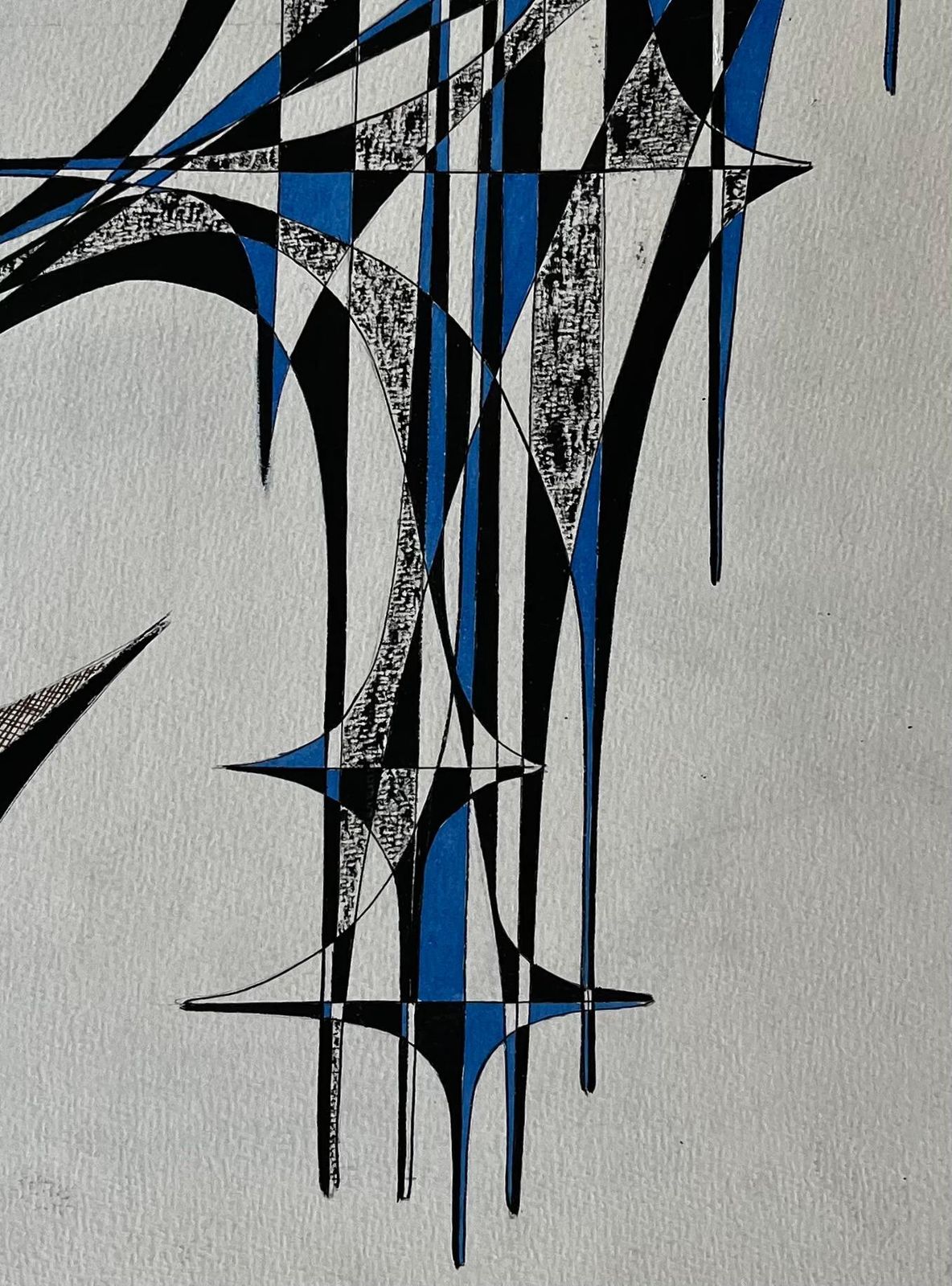 Serge Guerin (1916)mid Century French Geometric Abstract In Blue And Black Ink On Paper photo vinterior