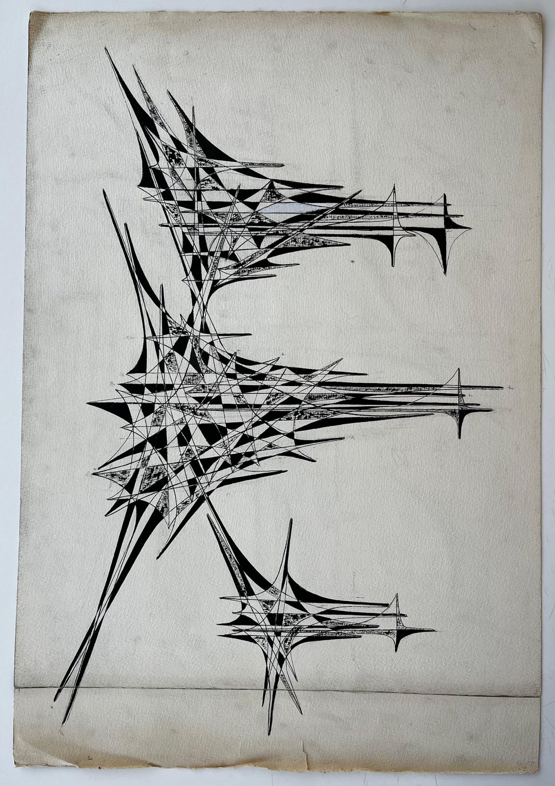 Serge Guerin (1916)mid Century French Geometric Abstract In Blue And Black Ink On Paper photo vintage