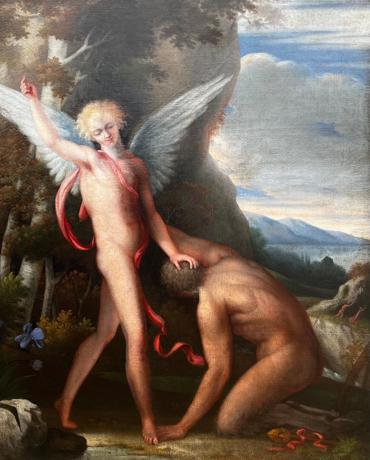 Florentine Schoolhuge 1700's Florentine Old Master Oil Painting Eros Triumph Over Pan Male Nudesc. 1700's photo furniture