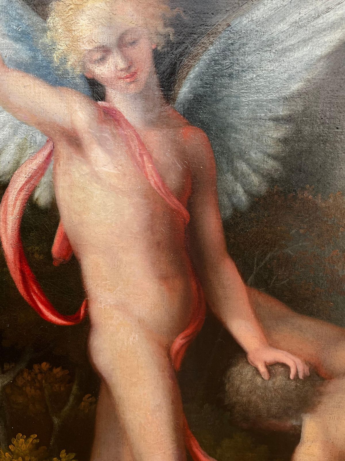Florentine Schoolhuge 1700's Florentine Old Master Oil Painting Eros Triumph Over Pan Male Nudesc. 1700's photo vintage