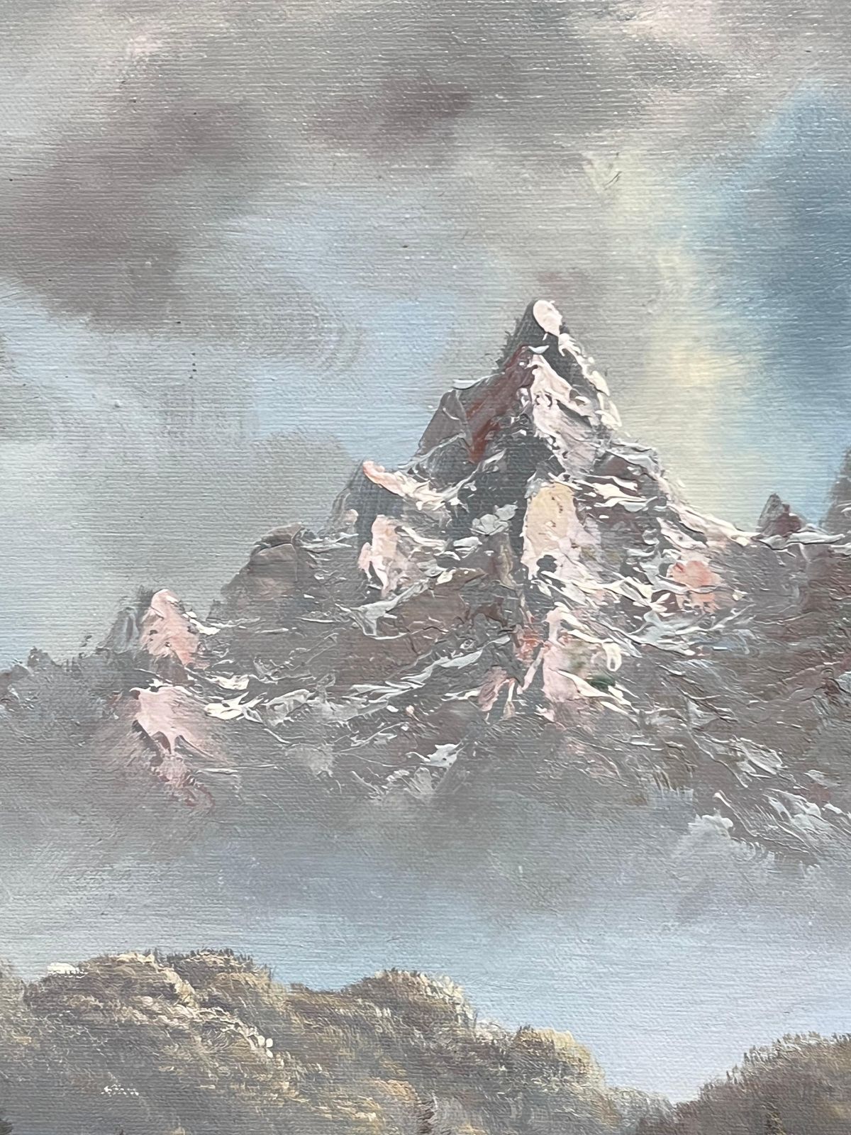 Italian Artistlarge Italian Alpine Mountain Scene Snow Capped Mountains Signed Oil Painting photo for sale