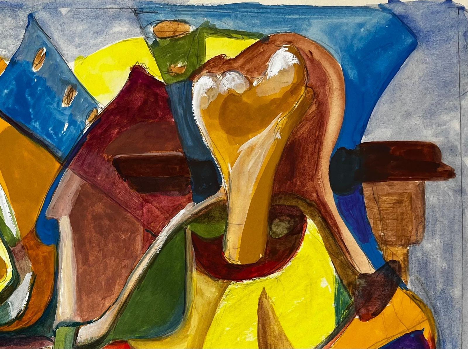 Abstract Composition In Yellow And Blue French Modernist Gouache By Guy Nicod photo for sale