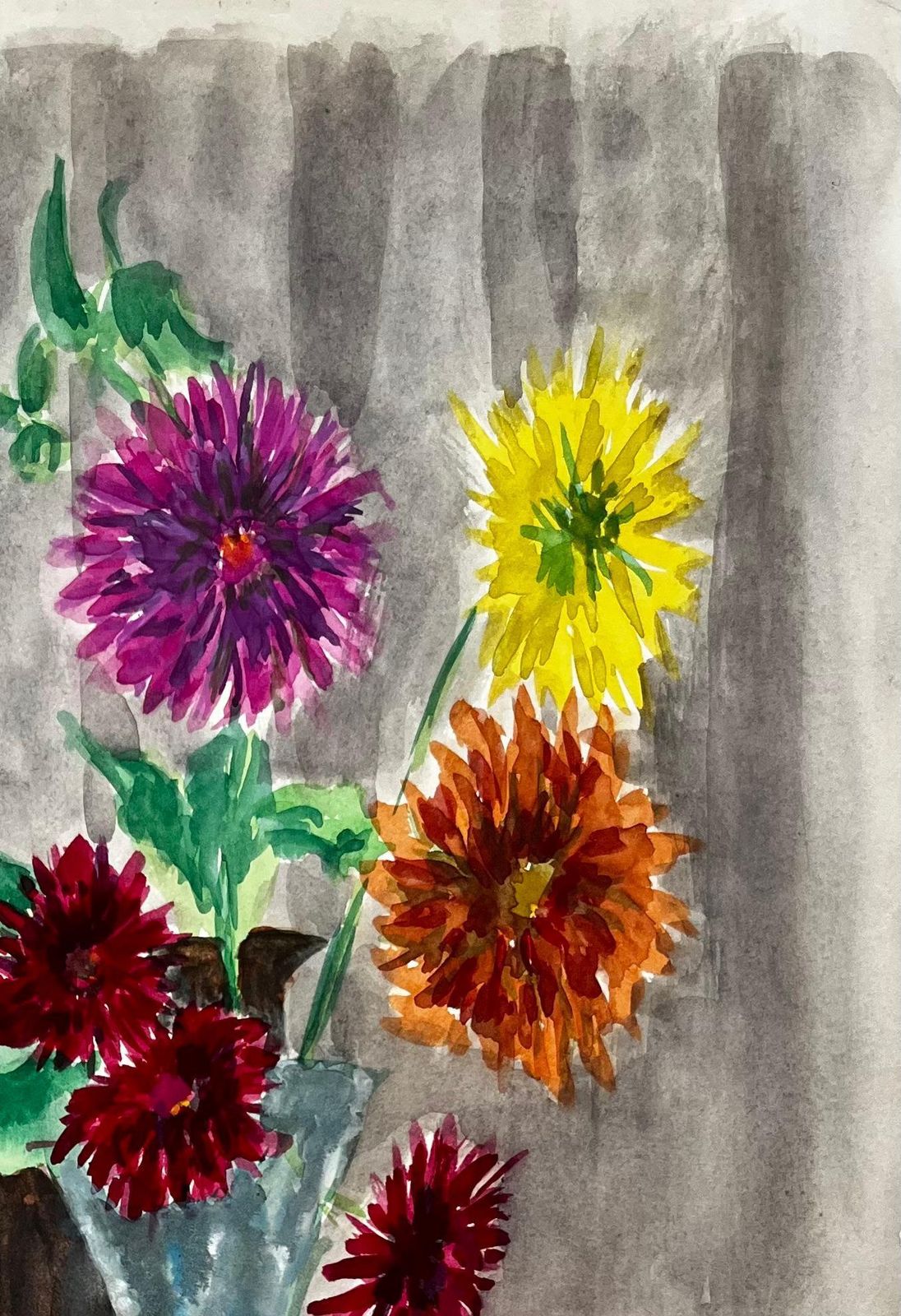 Guy Nicodstill Life With Dahlias In A Glass Vase French Modernist Watercolour Gouache photo for sale