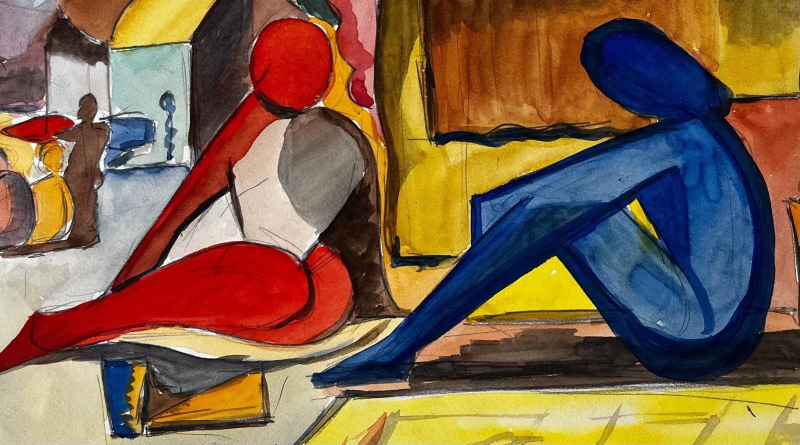 Guy Nicodfigures Under A Parasol French Modernist Market Scene Watercolour Gouache photo buy