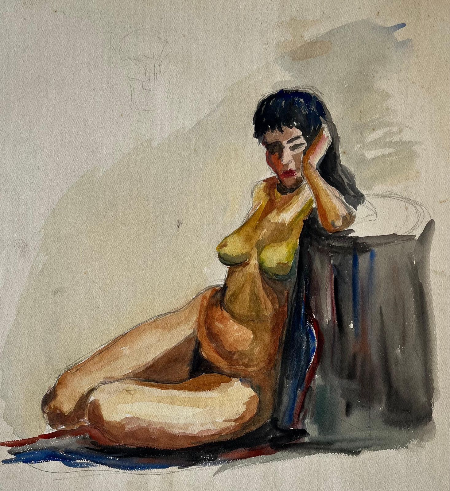 Seated Female Nude Study French Modernist Gouache On Paper By Guy Nicod