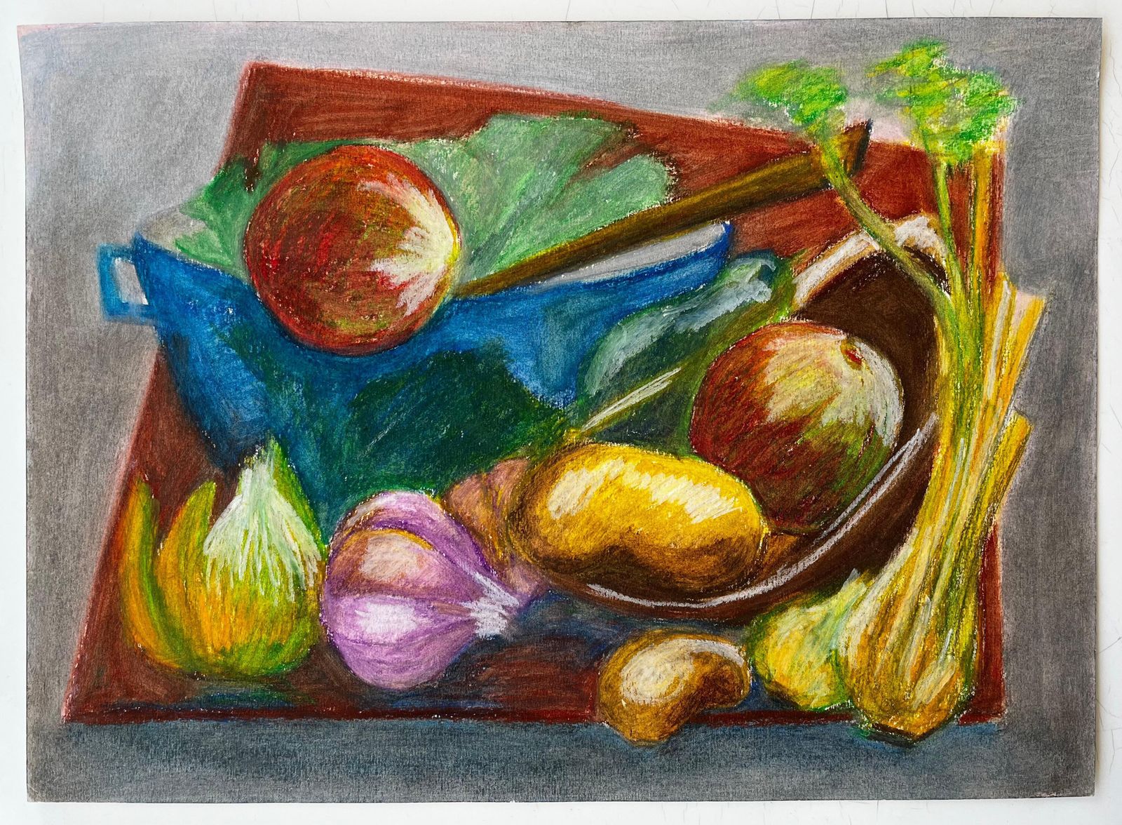 Still Life With Vegetables French Modernist Oil Pastel Drawing By Guy Nicod photo furniture