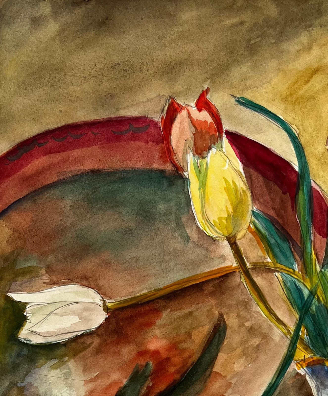 Guy Nicodstill Life With Tulips, Lemons And Red Candle French Modernist Gouache photo Art