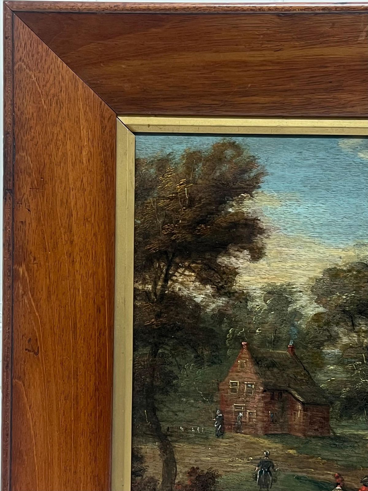 Dutch 17th Century17th Century Dutch Oil Painting Figures Outside Building In Ancient Landscape photo for sale