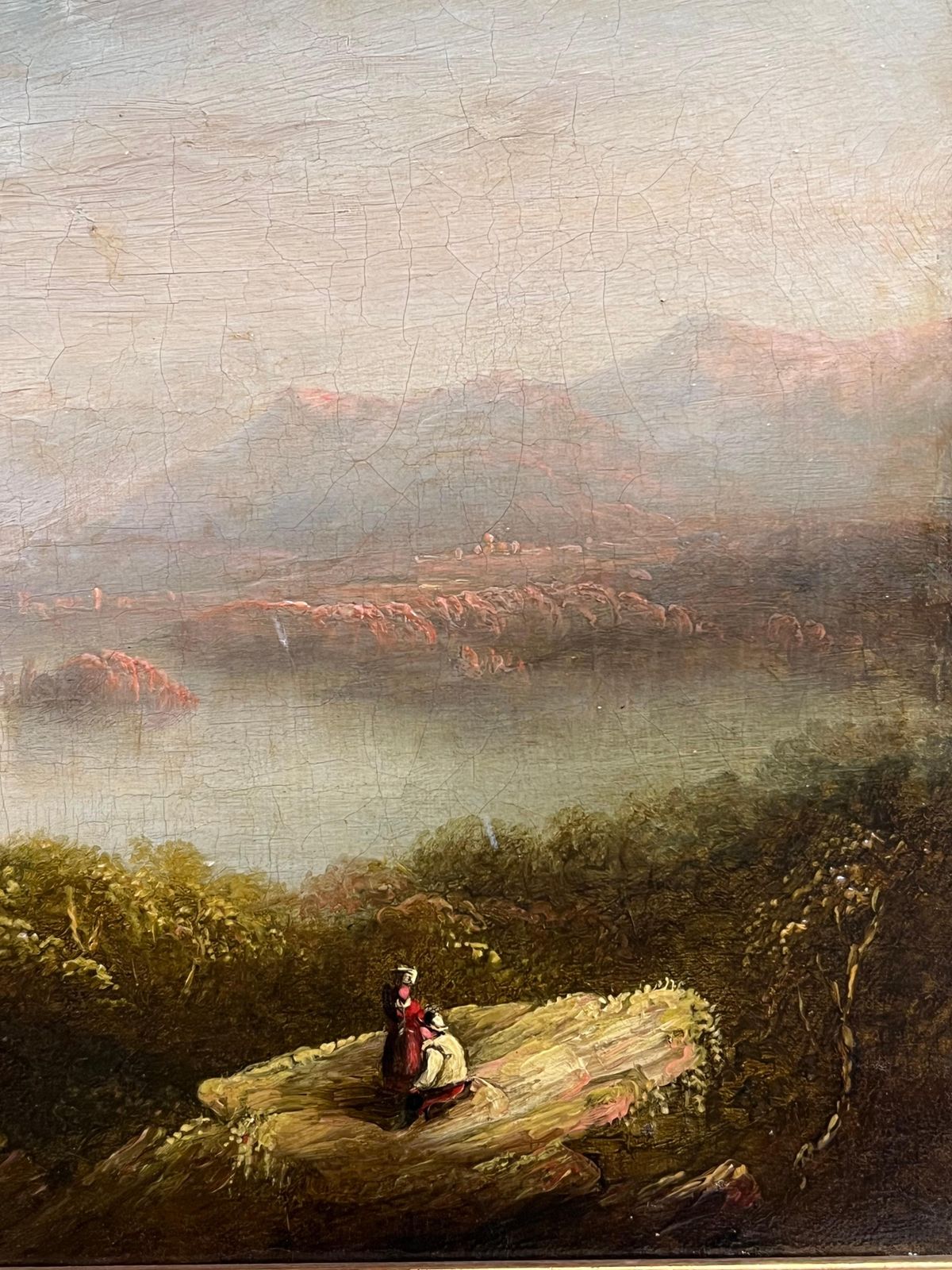 Early Victorian Scottish Highlands Loch Landscape Figures Admiring View 19th Oil photo vintage