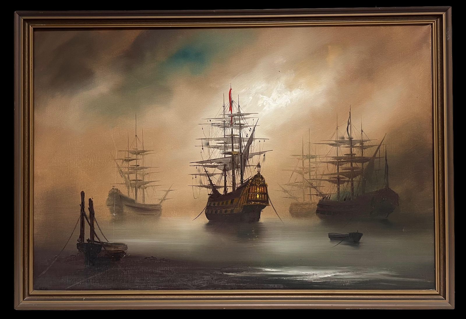 Hiltontraditional English Maritime Oil Painting Misty Harbour Tall Ships Anchored Dusk