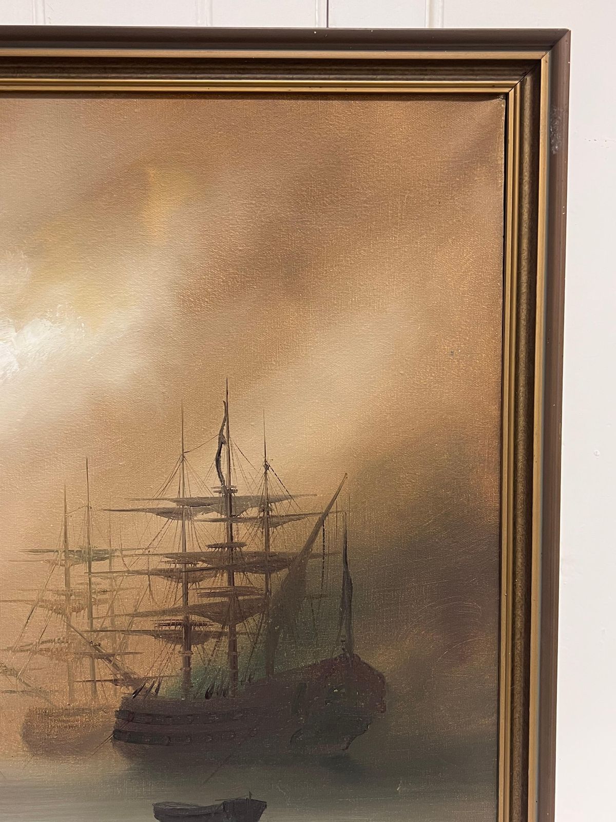 Hiltontraditional English Maritime Oil Painting Misty Harbour Tall Ships Anchored Dusk photo vinterior