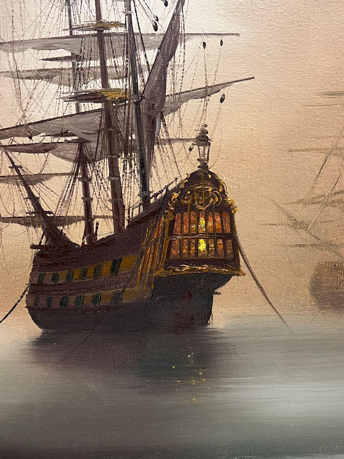 Hiltontraditional English Maritime Oil Painting Misty Harbour Tall Ships Anchored Dusk photo buy