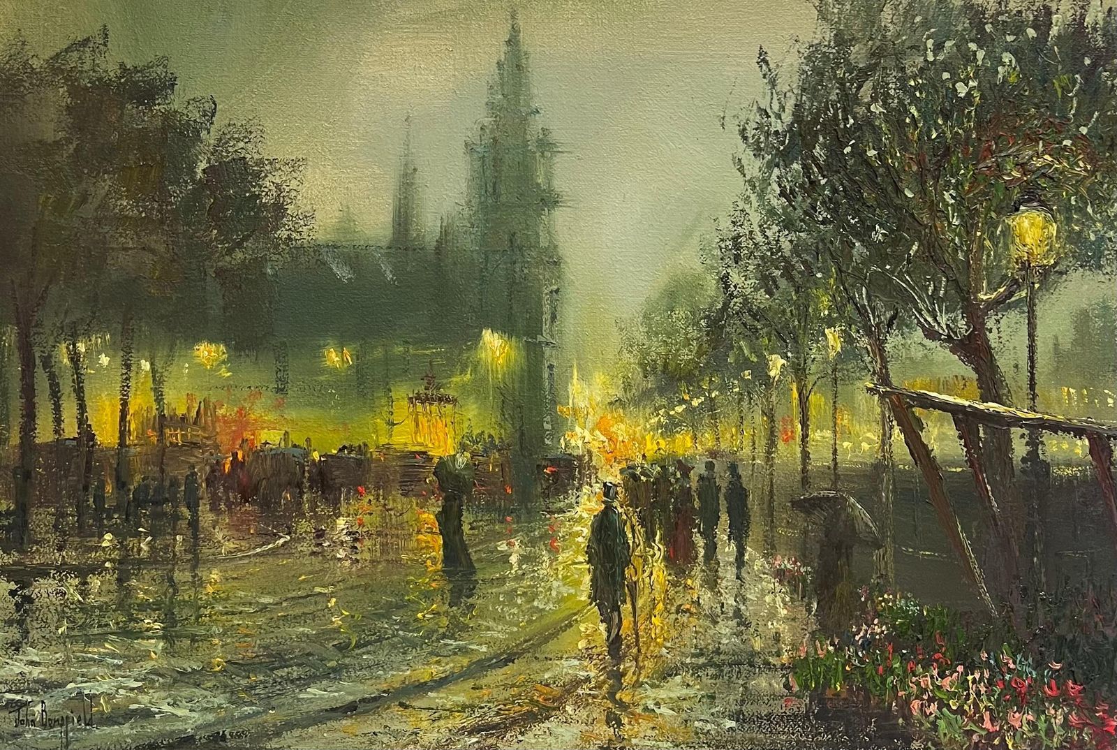 John Bampfieldfine Large British Impressionist Signed Oil Painting Twilight City Street Scene photo furniture