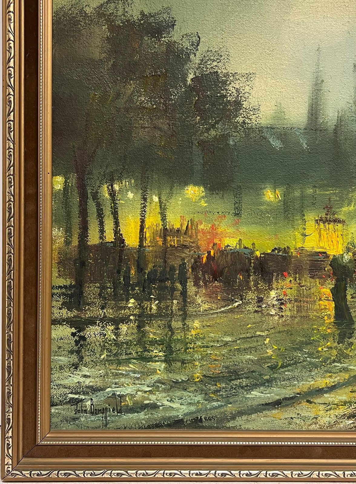 John Bampfieldfine Large British Impressionist Signed Oil Painting Twilight City Street Scene photo for sale