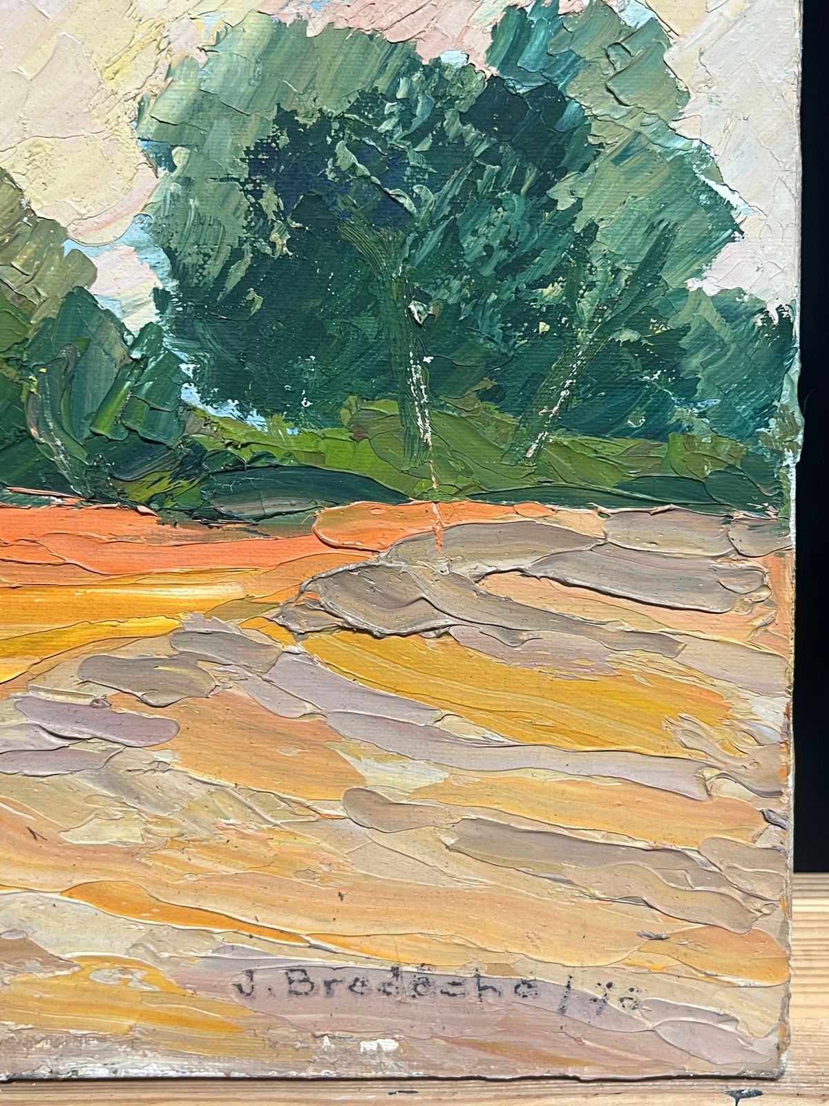 French School1970's Colorful Abstract Orange Field Landscape With Trees Textured Oil Painting1970's photo vinterior