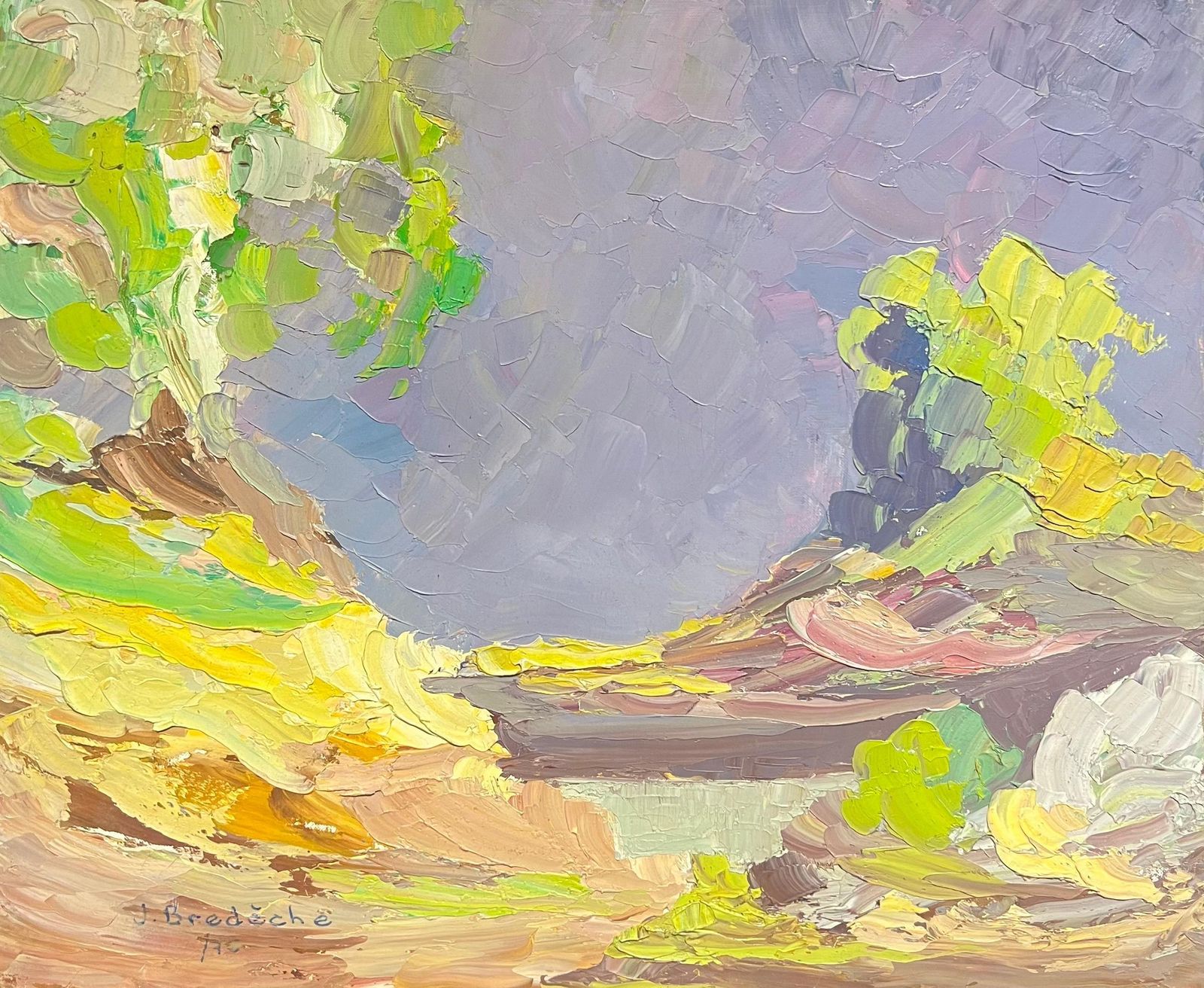 French Schoolabstract Landscape With A Purple Stormy Sky Textured 1970's Oil Painting1970's