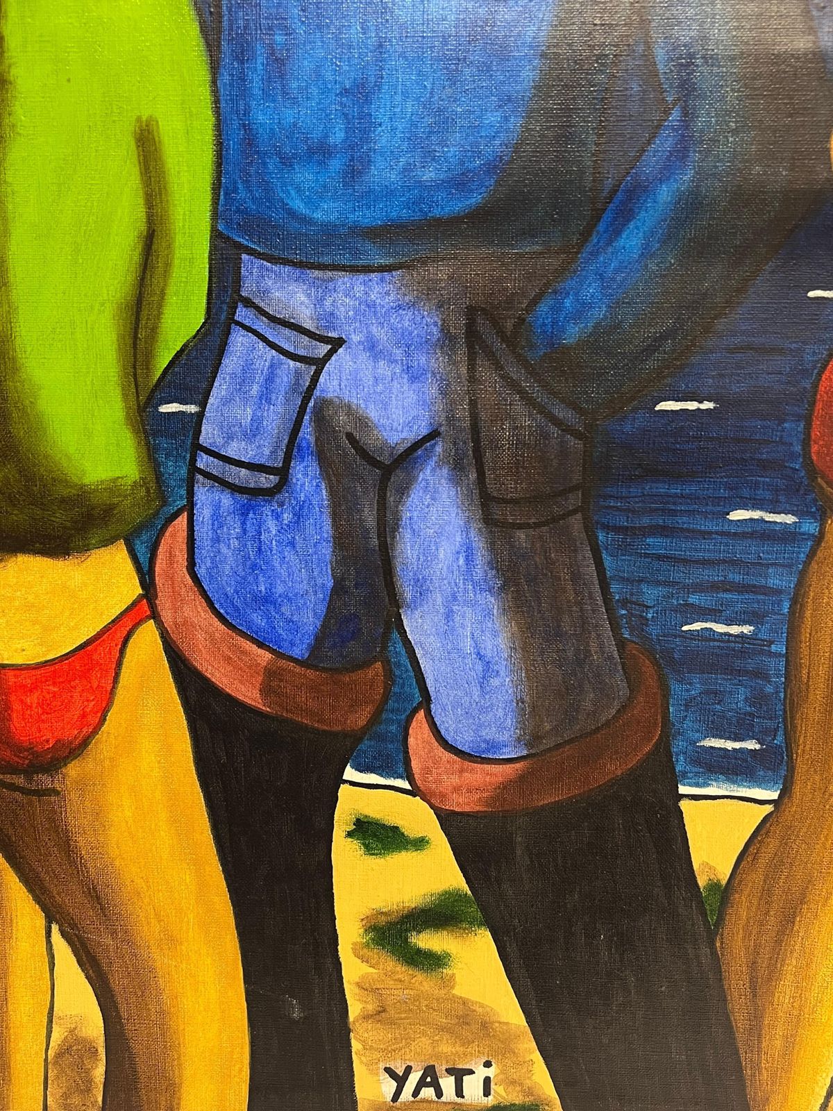 J. J. Polverellihuge French Modernist Signed Oil Painting Figures Outside Town At Night1989 photo vinterior