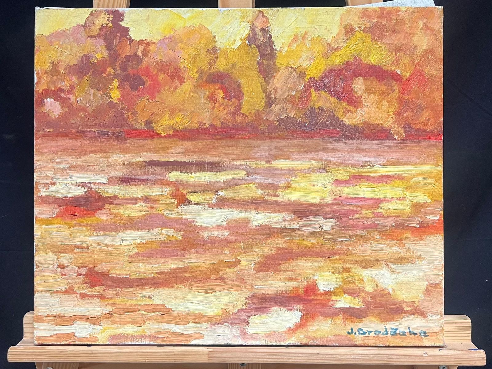 French Schoolvibrant Sunset Over Water Red Orange Yellow Impressionist Oil Painting 1970's1970's photo furniture