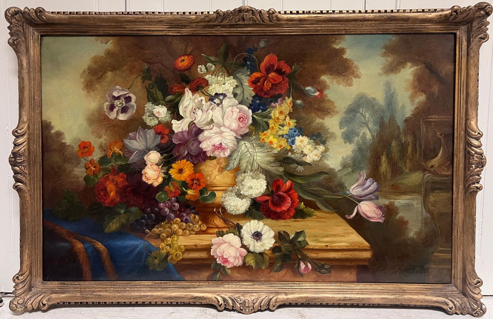 Huge Antique Classical French Still Life Floral Display Oil Painting Framed photo vinterior