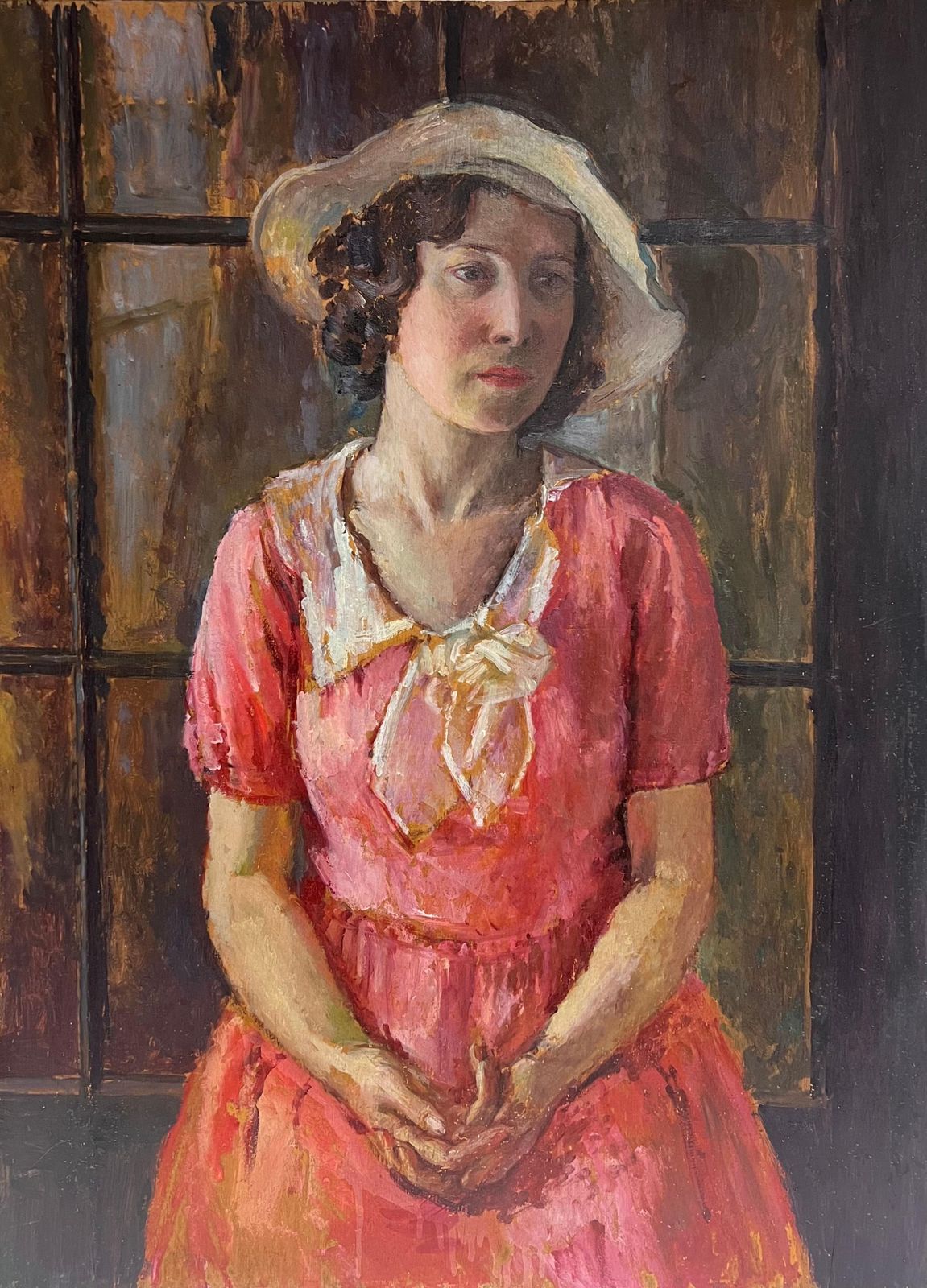 1930's British Very Large 1930's English Oil Painting Wood Panel Portrait Of Country Lady Pink1930's