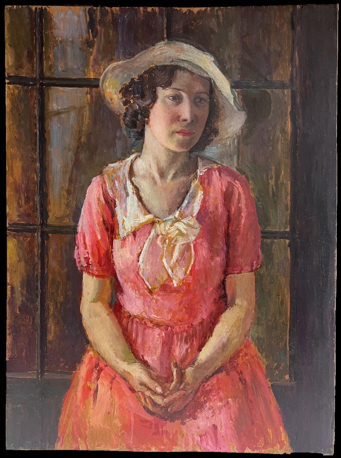 1930's British Very Large 1930's English Oil Painting Wood Panel Portrait Of Country Lady Pink1930's photo furniture