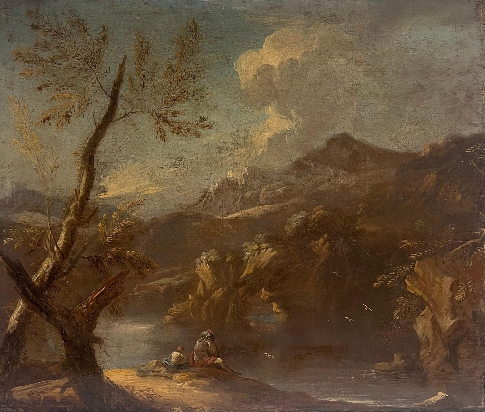 Fine 17th Century German Old Master Oil Painting Figures Rocky Gorge Landscape
