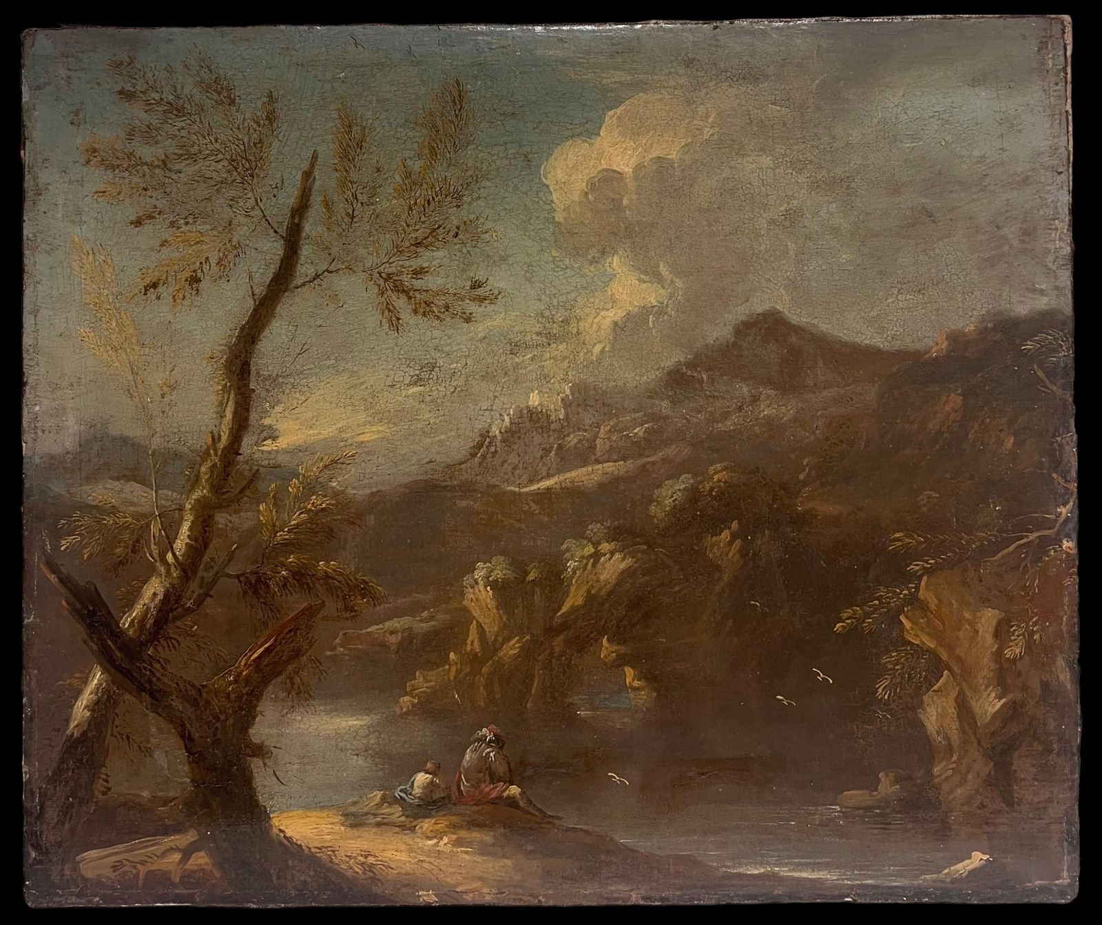 Fine 17th Century German Old Master Oil Painting Figures Rocky Gorge Landscape photo furniture