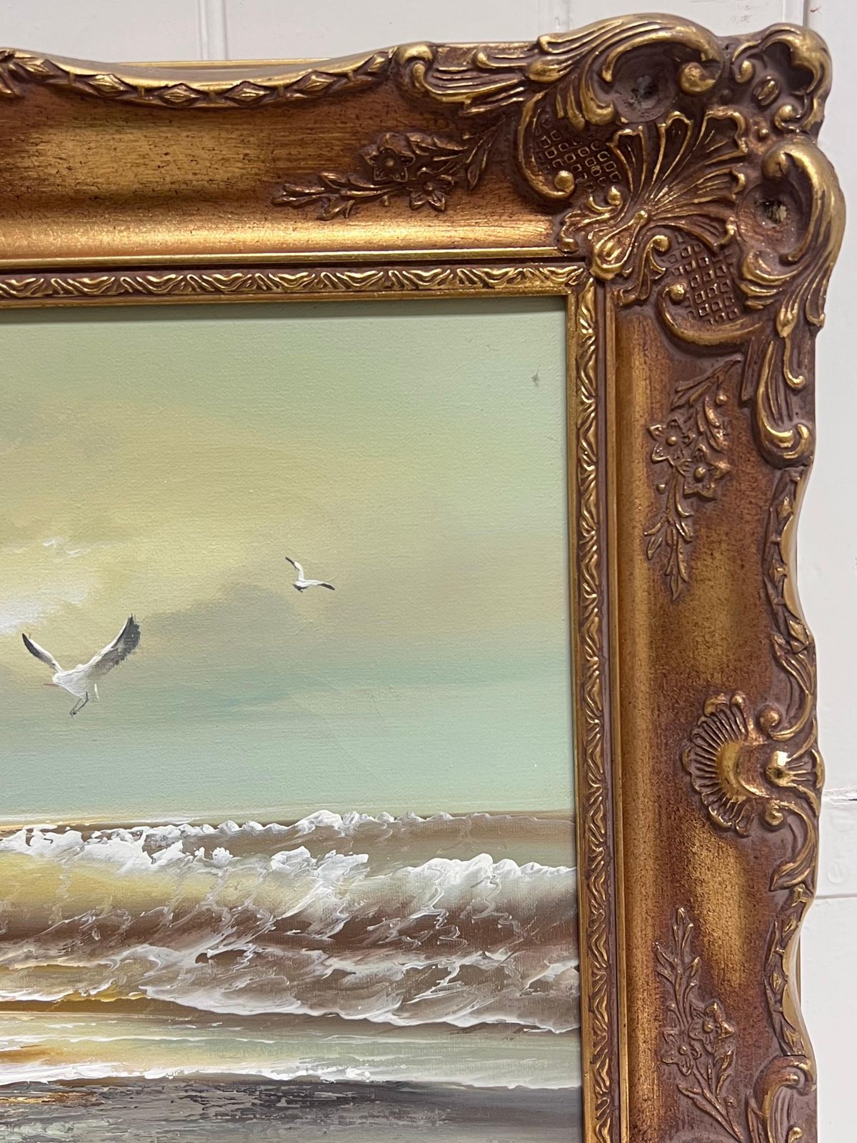 English Impressionistenglish Impressionist Signed Oil Painting Seagull Flying Rolling Sunset Waves photo vinterior