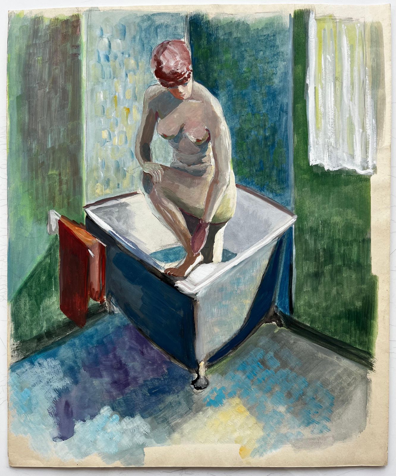 Nude Woman Bathing French Modernist Figurative Gouache By Guy Nicod photo furniture
