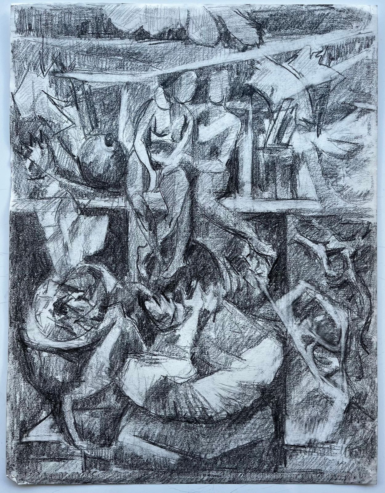 Guy Nicodmodernist Figurative Study With Seated Figures French Charcoal Drawing photo furniture