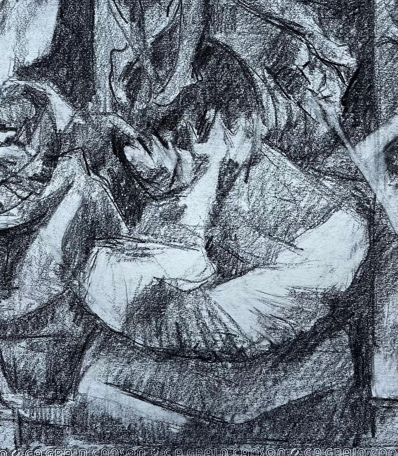 Guy Nicodmodernist Figurative Study With Seated Figures French Charcoal Drawing photo buy