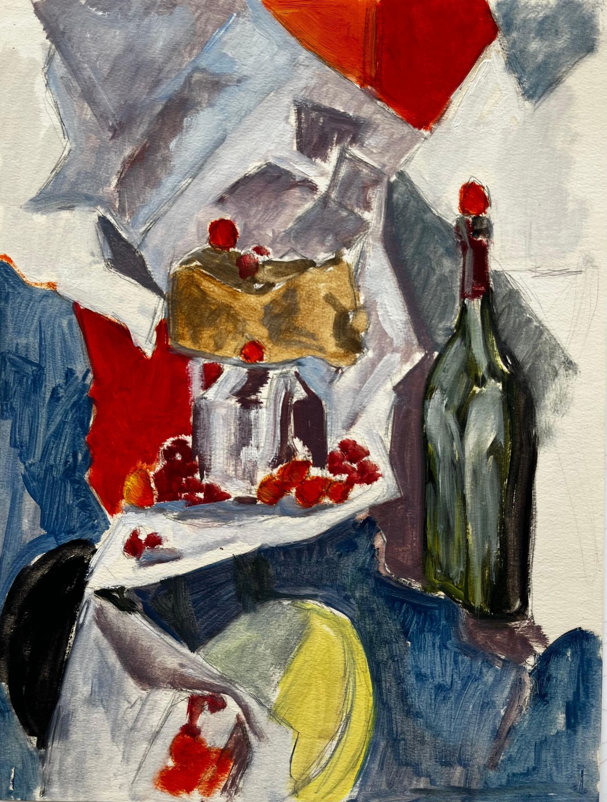 Guy Nicodmodernist Still Life With Wine Bottle Cake And Raspberries French Gouache