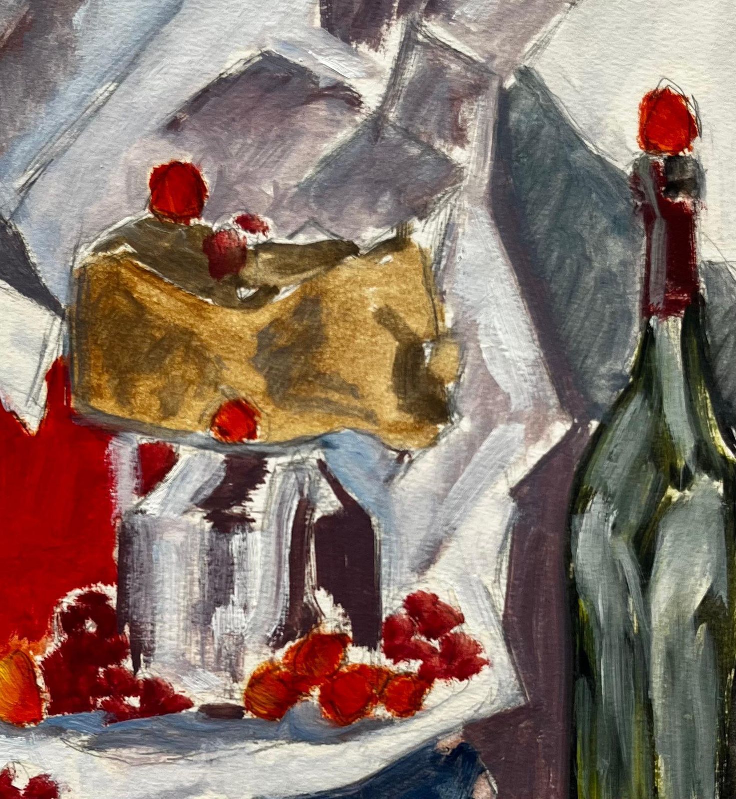 Guy Nicodmodernist Still Life With Wine Bottle Cake And Raspberries French Gouache photo buy