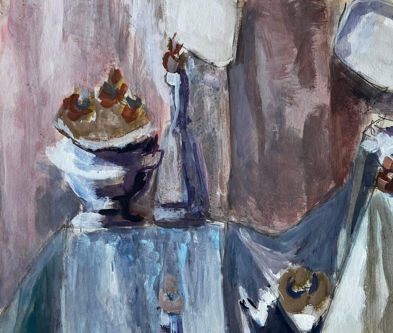 Guy Nicodmodernist Still Life With Bowls Bottles And Fruit French Gouache Painting photo vinterior