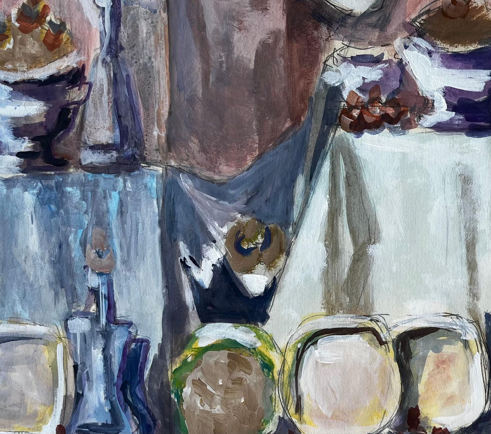 Guy Nicodmodernist Still Life With Bowls Bottles And Fruit French Gouache Painting photo buy