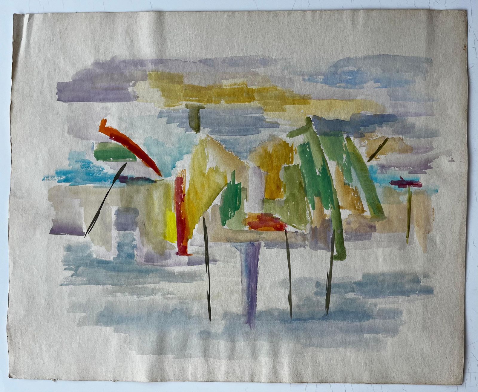 Guy Nicodabstract Landscape With Umbrellas French Modernist Watercolour Gouache photo furniture